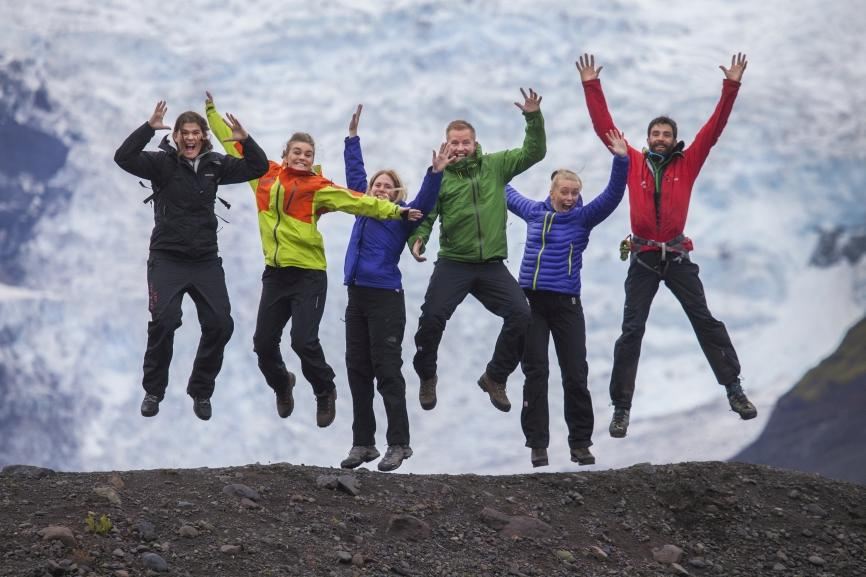 A classic jump with an ice fall in the background