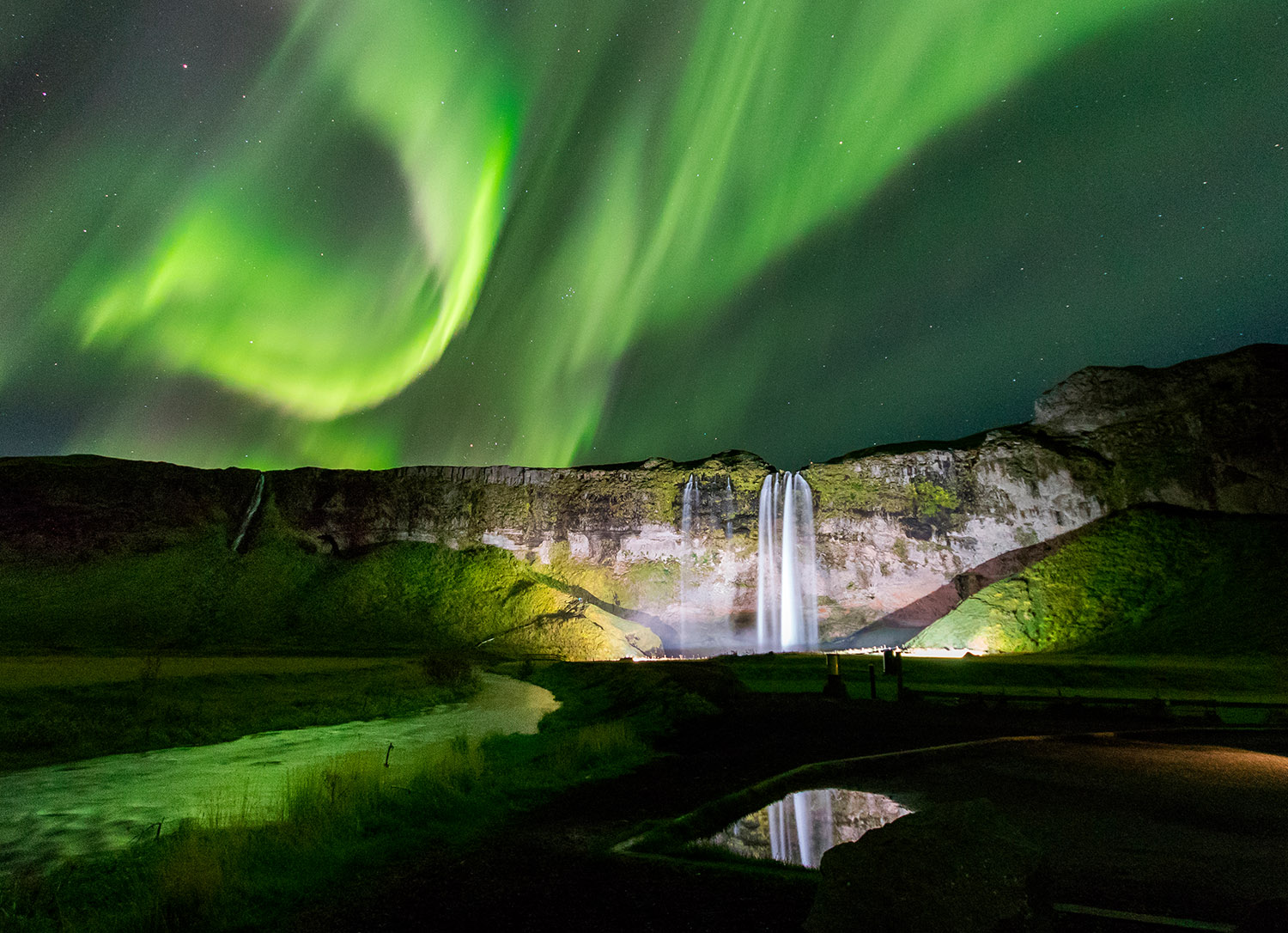 Seljalandsfoss and the northern lights