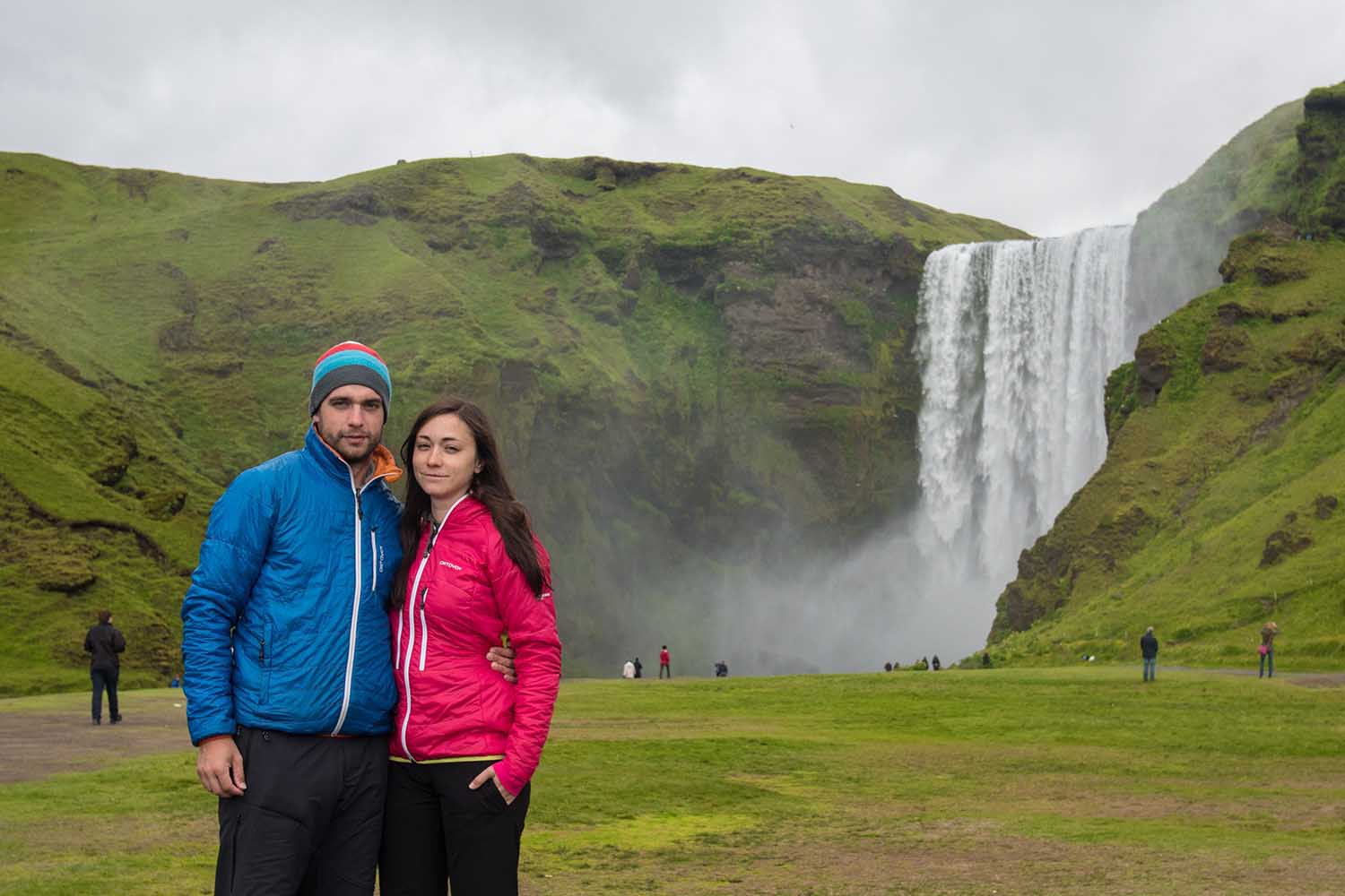 Skógafoss waterfall in the background