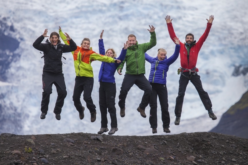 A classic jump with an ice fall in the background